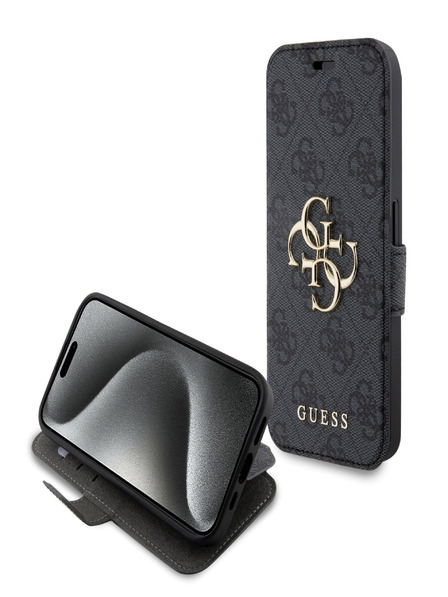 Guess PU Leather 4G Metal Logo Book iPhone 15 Pro Grey Калъф