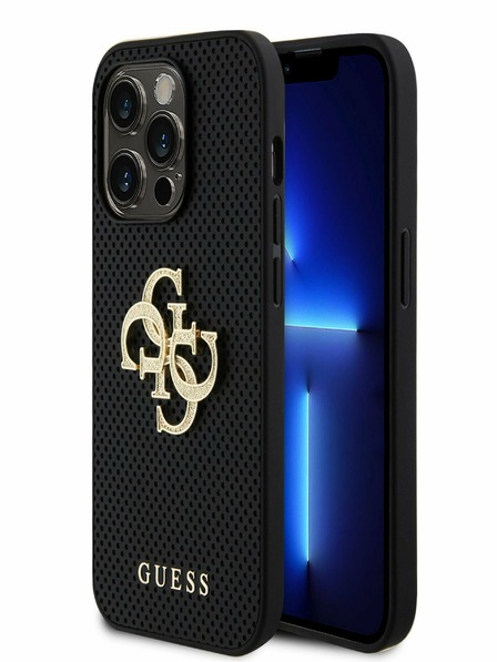 Guess PU Perforated 4G Glitter Metal Logo Zadní Kryt pro iPhone 15 Pro Max Black Калъф за телефон