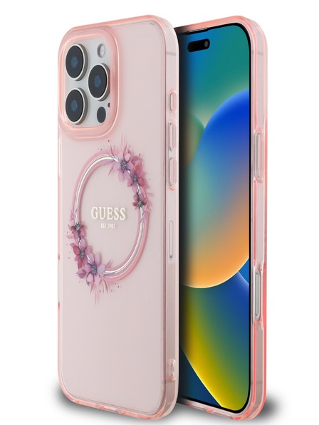 Guess IML Flowers Ring MagSafe iPhone 16 Pro Max Pink Калъф за телефон