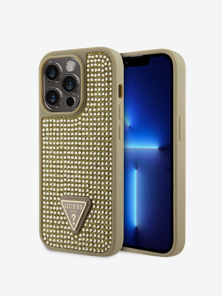 Guess Rhinestones Triangle Metal Logo Kryt pro iPhone 15 Pro Gold Калъф за телефон