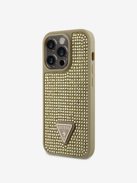 Guess Rhinestones Triangle Metal Logo Kryt pro iPhone 15 Pro Gold Калъф за телефон