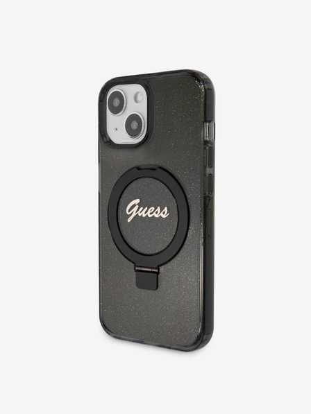 Guess IML Ring Stand Glitter MagSafe Zadní Kryt pro iPhone 15 Black Калъф за телефон