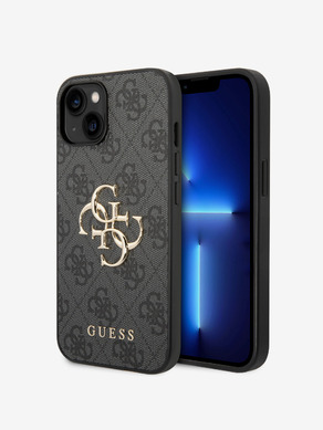 Guess PU 4G Metal Logo Zadní Kryt pro iPhone 15 Grey Калъф за телефон