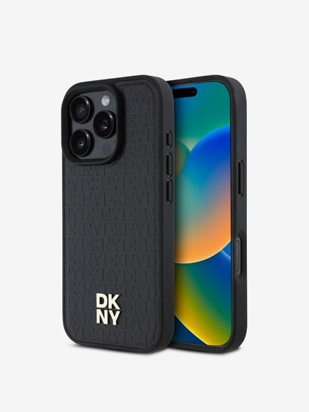 DKNY PU Leather Repeat Pattern Stack Logo MagSafe Zadní Kryt pro iPhone 16 Pro Black Калъф за телефон