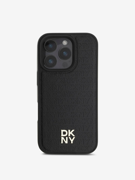 DKNY PU Leather Repeat Pattern Stack Logo MagSafe Zadní Kryt pro iPhone 16 Pro Black Калъф за телефон