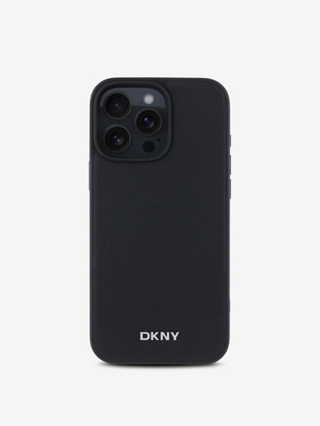 DKNY PU Leather Silver Metal Logo Magsafe Zadní Kryt pro iPhone 16 Pro Max Black Калъф за телефон