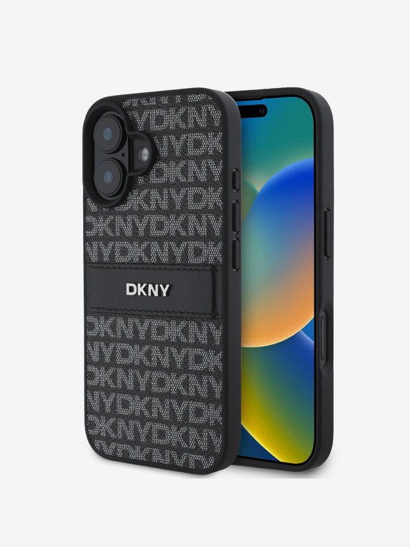 DKNY PU Leather Repeat Pattern Tonal Stripe Zadní Kryt pro iPhone 16 Black Калъф за телефон