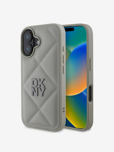 DKNY PU Leather Quilted Stack Logo Zadní Kryt pro iPhone 16 Grey Калъф за телефон