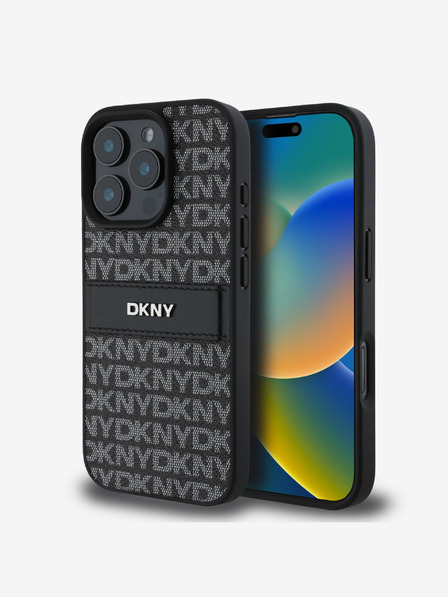 DKNY PU Leather Repeat Pattern Tonal Stripe Zadní Kryt pro iPhone 16 Pro Black Калъф за телефон