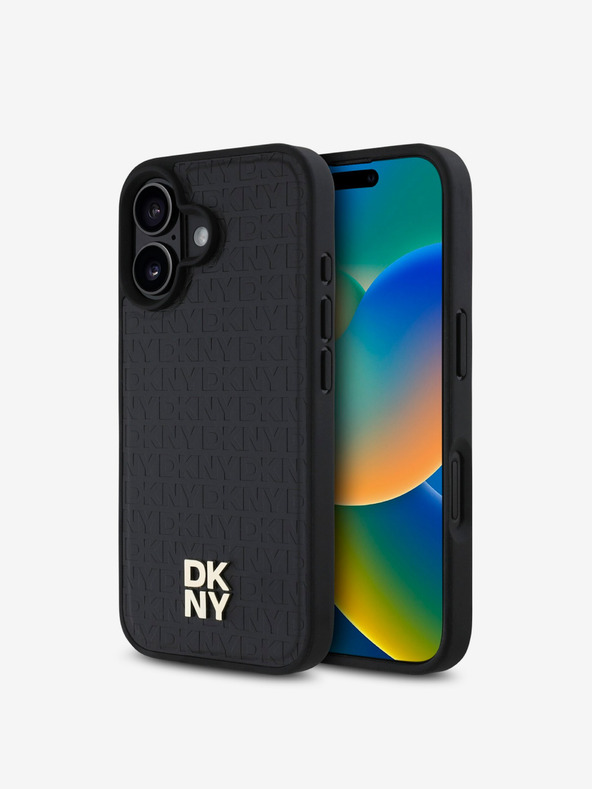 DKNY PU Leather Repeat Pattern Stack Logo MagSafe Zadní Kryt pro iPhone 16 Black Калъф за телефон