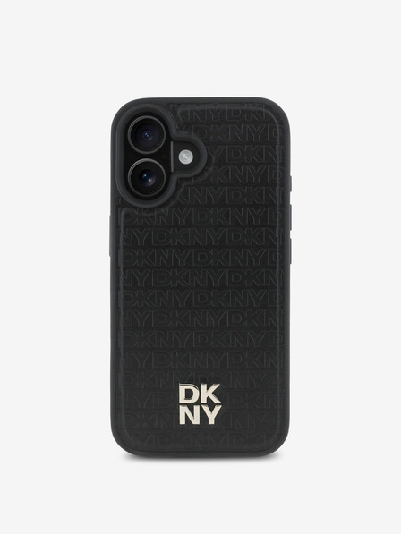 DKNY PU Leather Repeat Pattern Stack Logo MagSafe Zadní Kryt pro iPhone 16 Black Калъф за телефон