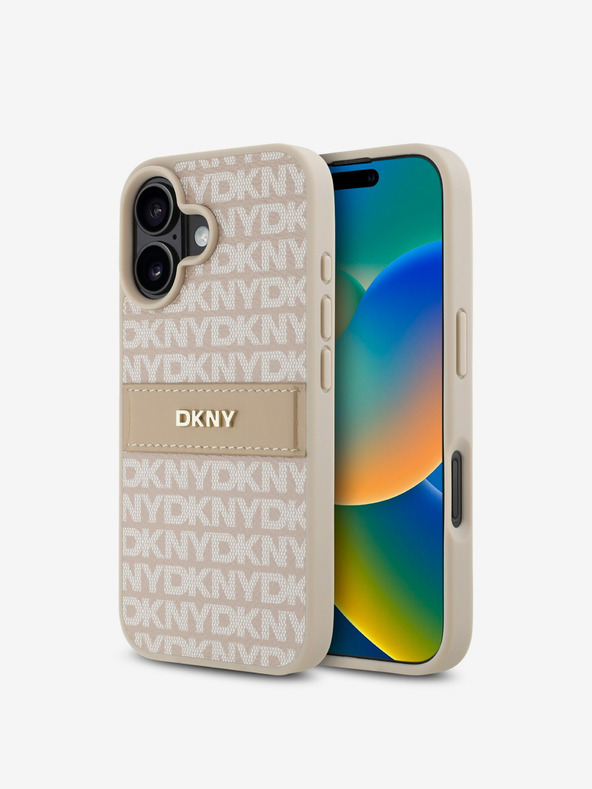 DKNY PU Leather Repeat Pattern Tonal Stripe Zadní Kryt pro iPhone 16 Plus Pink Калъф за телефон