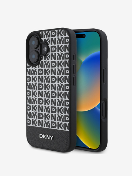 DKNY PU Leather Repeat Pattern Bottom Stripe MagSafe Zadní Kryt pro iPhone 16 Black Калъф за телефон