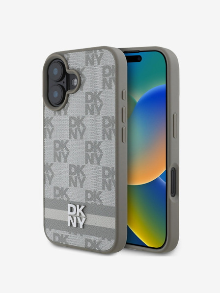 DKNY PU Leather Checkered Pattern and Stripe Zadní Kryt pro iPhone 16 Beige Калъф за телефон