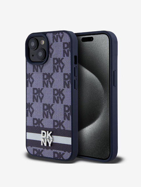 DKNY PU Leather Checkered Pattern and Stripe Zadní Kryt pro iPhone 15 Blue Калъф за телефон