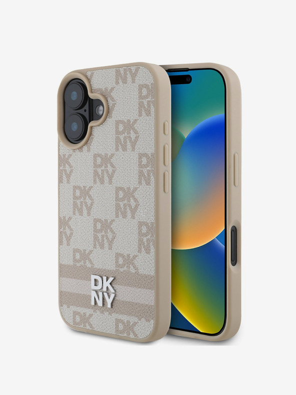 DKNY PU Leather Checkered Pattern and Stripe Zadní Kryt pro iPhone 16 Pink Калъф за телефон