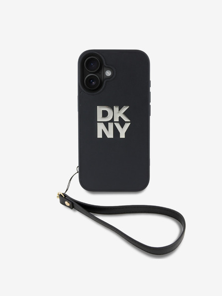 DKNY PU Leather Stack Logo Wrist Strap Zadní Kryt pro iPhone 16 Black Калъф за телефон