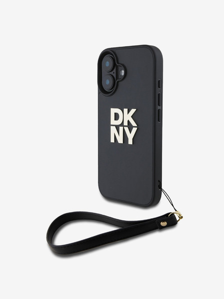 DKNY PU Leather Stack Logo Wrist Strap Zadní Kryt pro iPhone 16 Black Калъф за телефон