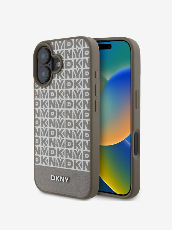 DKNY PU Leather Repeat Pattern Bottom Stripe MagSafe Zadní Kryt pro iPhone 16 Brown Калъф за телефон