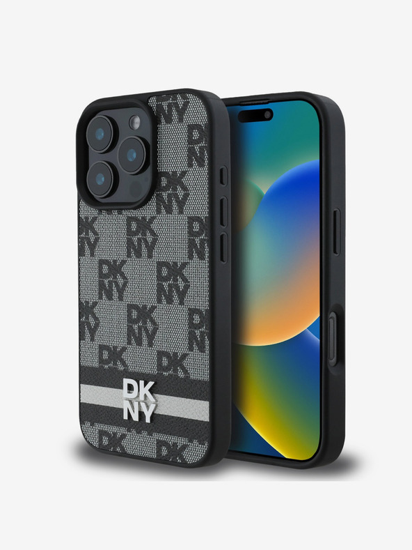 DKNY PU Leather Checkered Pattern and Stripe iPhone 16 Pro Black Калъф за телефон