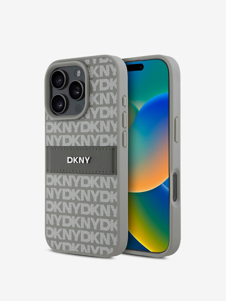 DKNY PU Leather Repeat Pattern Tonal Stripe iPhone 16 Pro Max Beige Калъф за телефон