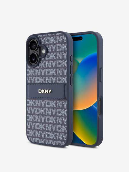 DKNY PU Leather Repeat Pattern Tonal Stripe iPhone 16 Blue Калъф за телефон