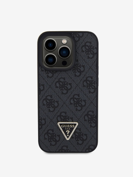 Guess PU 4G Strass Triangle Metal Logo Zadní Kryt pro iPhone 15 Pro Black Калъф за телефон